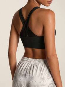 SHEIN BAE Women's Solid Color Wide Strap Minimalist Casual Sports Bra Cross Design Gym High Support - Black - View 8