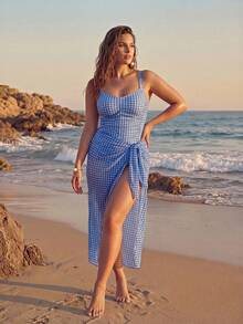 Swim Oasis Plus Size Women 2 Pieces Plaid Print Deep V-Neck Ruched Waist Adjustable Shoulder Strap Semi-Sheer Mesh Skirt 1920s Blue And White Beach Vacation - Blue - View 3