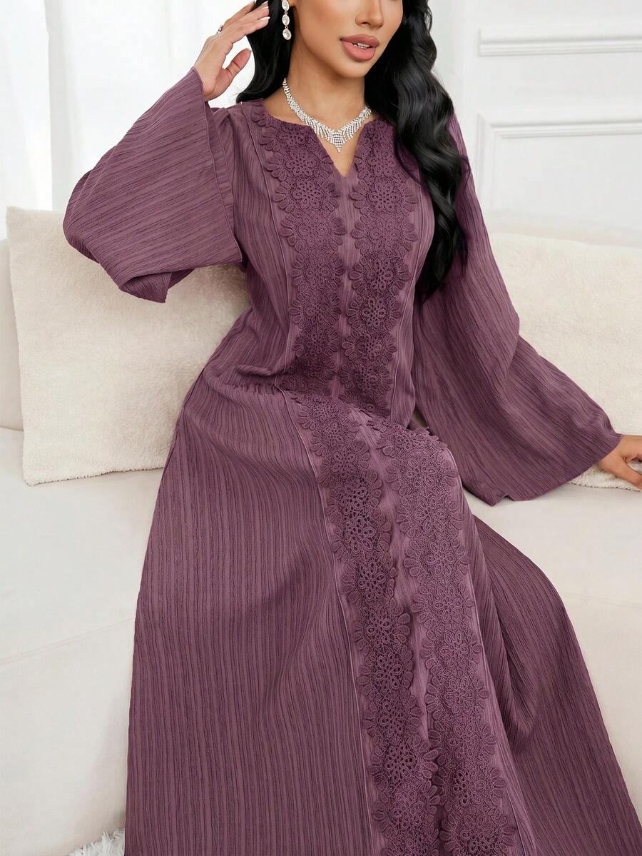 Al Najma 女款對比蕾絲長袖優雅端莊休閒柔軟修身阿拉伯風洋裝 冬季正式洗禮賓客晨間紫色 - 紫色 - 查看 1