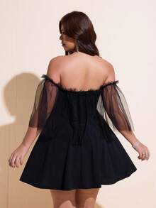 Viva Relle Vestido de línea A con chal de red para mujer de talla grande, sensual y elegante - Negro - Ver 6