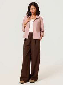 SHEIN BASICS 女款春秋休閒純色輕便夾克 教師節辦公日常穿搭 灰粉色 - 珊瑚粉 - 查看 3