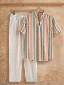 HIMLAND 2pcs/Set Men's Summer Cotton Polyester Brushed Striped Casual Short Sleeve Shirt & Loose Comfortable Linen Long Pants - Multicolor - View 1