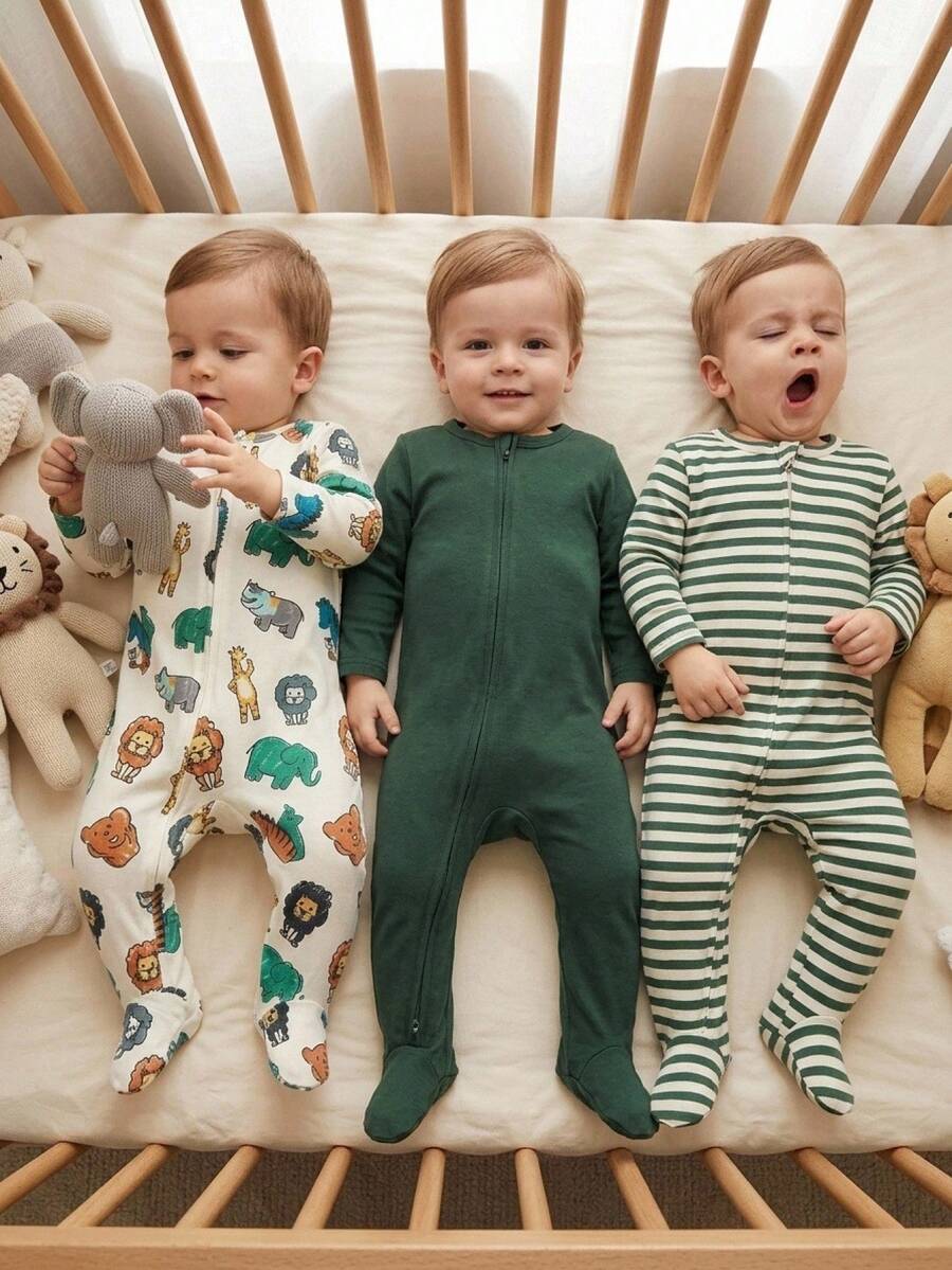 SHEIN 3 piezas mameluco de manga larga con pies para bebé recién nacido niño niña lindo tejido casual con estampado de dibujos animados 3 piezas ropa de casa unisex ropa de bebé ropa de invierno para bebé