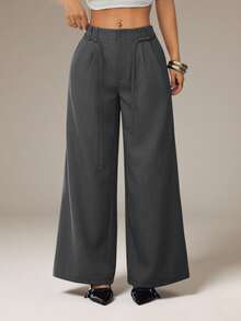 SHEIN PETITE Grey Winter Chic Office Women Elegant Straight Leg Wide Leg Pants,Business Casual Low Rise Baggy Work Clothes,Spring&Summer Fashion Streetwear Y2k ,Petite Women - Grey - View 6