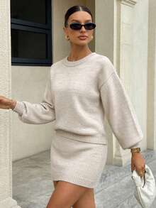 Casual Crew Neck Balloon Sleeve Drop Shoulder Oversize Loose Fit Crop Solid Color Plain Pattern Sweater & Mini Knitted Plain Pattern Skirt 2 Pieces Knit Set For Daily Chic Women Winter Outfits - Beige - View 6