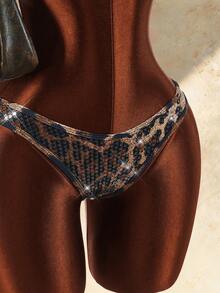 Amplova Women's Sequin Shiny Leopard Print Swimsuit Set With Ring Back Sexy Detail Beach Party Brown Zebra Print Summer - Brown - View 7