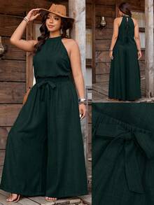 Nubod Plus Size Denim Effect Halter Top + Wide Leg Pants 2 Pieces Set - Dark Green - View 1