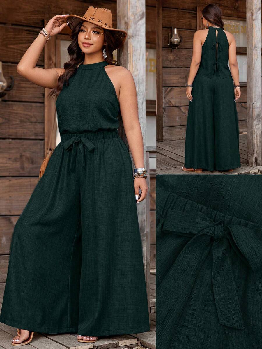 Nubod Plus Size Denim Effect Halter Top + Wide Leg Pants 2 Pieces Set - Dark Green - View 1