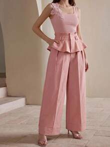 Anewsta Spring/Summer Dusty Pink High-Waist Ruffle Hem Casual Elegant Commute Date Everyday Versatile Wide Leg Women's Jeans - Pink - View 7