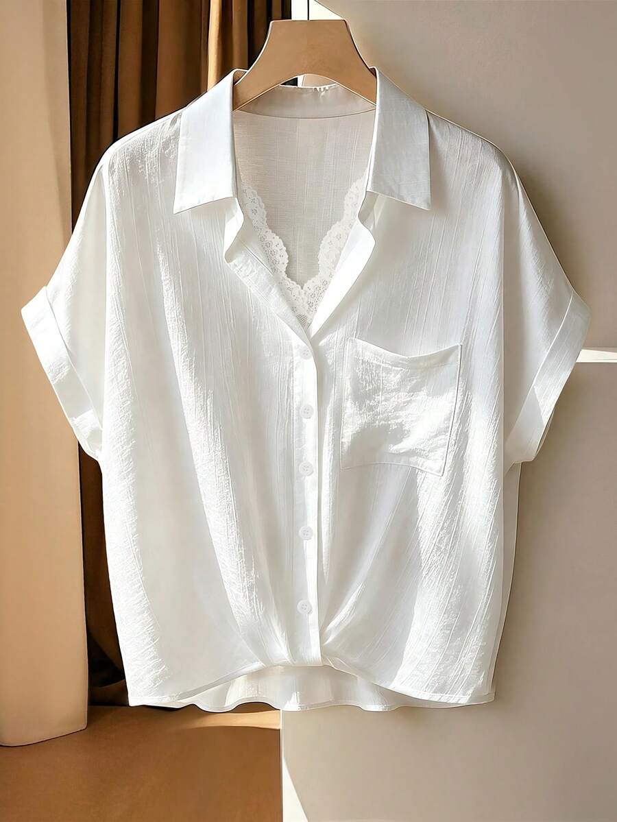 SHEIN Franclia 新款優雅蕾絲拼接二合一女款襯衫 - 白色 - 查看 1
