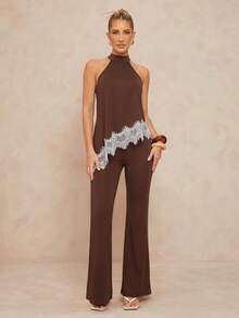 Lumalex Brown Chocolate Brown Halter Top Flare Pants Set High Neck Keyhole Back Asymmetric Lace Trim Hem Sleeveless Luxury Elegant Dinner Night Summer - Multicolor - View 2