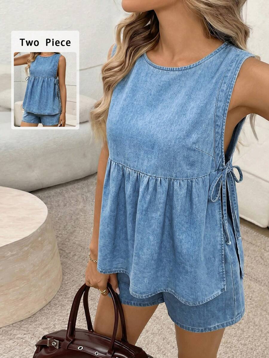 SHEIN LUNE 女款百搭百褶繫帶背心與休閒牛仔短褲套裝 夏季節慶服裝 通勤 度假 畢業 時尚Y2k可愛街頭風 Coquette 派對 婚禮 優雅商務休閒 女士商務海灘 畢業 出遊 生日 - 藍色 - 查看 1