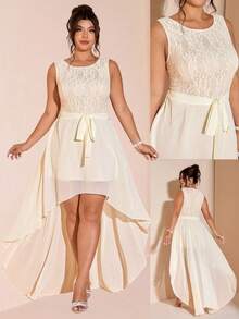 Cravure Plus Size Women's Sleeveless Contrast Lace Asymmetrical Hem Chiffon Dress - Apricot - View 1