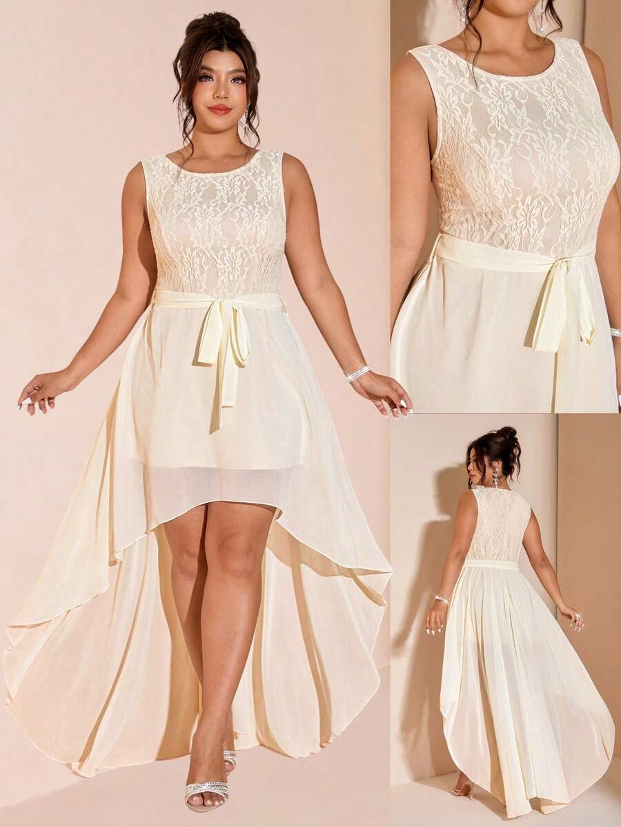 Cravure Plus Size Women's Sleeveless Contrast Lace Asymmetrical Hem Chiffon Dress - Apricot - View 1