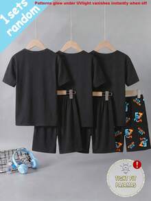 [3 Sets Randomly Sent 1 Set]Tween Boys Pajamas, Spring/Summer New Fashion Cool Glow-In-The-Dark Best-Seller Digital 67 Combination Pattern Printed Knit Tight High Elastic Fabric Short Sleeve Shorts 2-Piece Set Loungewear (UV Light Activated) - Black - View 2