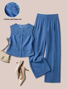 SHEIN LUNE CURVE Women's Plus Size Elegant Commute Casual Vacation Fashion Blue Lace Patchwork Button Sleeveless Top And Pants 2-Piece Set - Blue - View 4