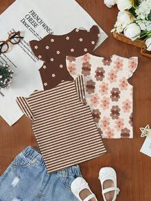 SHEIN 可愛卡其花卉系列，奶油白、棕色條紋、棕色，少女休閒時尚可愛荷葉袖圓領上衣3件組，適合春/夏日常、戶外、度假、野餐、農場，3件裝 - 彩色 - 查看 6