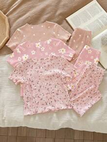 SHEIN 女嬰花卉印花上衣與長褲睡衣套裝 - 粉色 - 查看 2