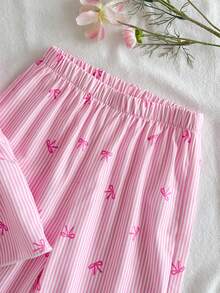 SHEIN Vintaside Kids 女童新款清新田園風精緻條紋草莓印花兩件套，紅色蝴蝶結裝飾無袖背心上衣 + 同款寬腿長褲，甜美可愛時尚日常穿搭，夏季 - 粉色 - 查看 8