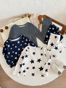 LMoss Kids Baby Boy Knitted Striped Star Pattern Crew Neck T-Shirt And Long Winter Pants 6pcs -Piece Set - Blue and White - View 3