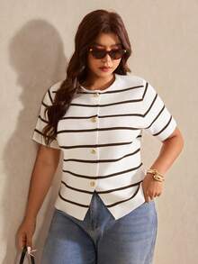 SHEIN CURVE+ Plus Size Women's Black And White Short Sleeve Single-Breasted Casual Nice Elegant Knit Cardigan Teachers' Day Evening Formal Office Summer - Multicolor - View 10