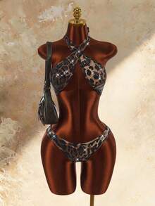 Amplova Women's Sequin Shiny Leopard Print Swimsuit Set With Ring Back Sexy Detail Beach Party Brown Zebra Print Summer - Brown - View 4