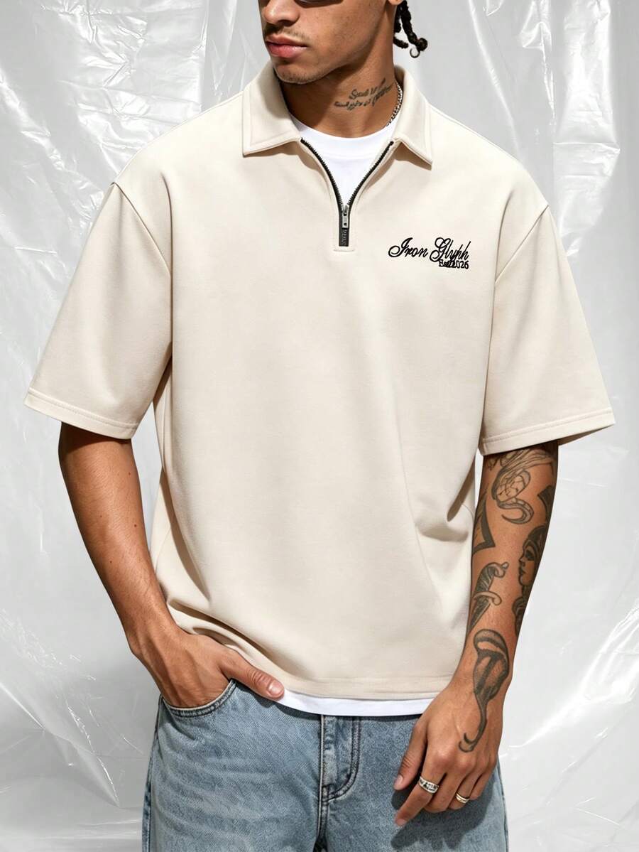 IRON GLYPH Men's Business Casual Half Zipper Placket Embroidery Letter Pattern Polo Shirt, Ceremony - Apricot - View 1