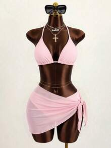 Zestiva 3pcs/Set Solid Color Textured Bikini Swimwear For Beach Vacation For Summer - Pink - View 1