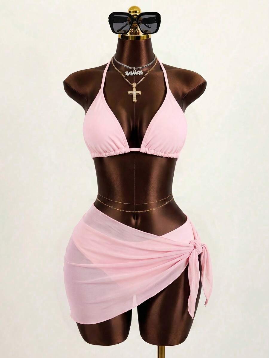 Zestiva 3pcs/Set Solid Color Textured Bikini Swimwear For Beach Vacation For Summer - Pink - View 1