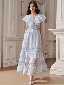 Anewsta Romantic Date Backless Women's Blue Ruffle Chiffon Jacquard Dress - Baby Blue - View 7