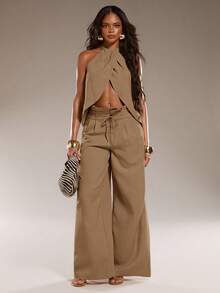 Normani Women's Solid Color Pleated Sexy Tropical Elegant Halter Neck Tank Top And Pocket Textured Long Pants 2 Pieces Set Beach Dinner Vacation Khaki Summer - Khaki - View 4