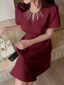 Feyla Chic Maroon A-Line Cocktail Dress For Women Featuring Intricate Pearl Neck Detailing And Flattering Short Sleeves - Burgundy - View 7