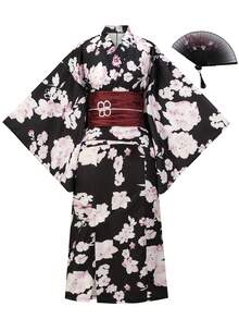 Irokai Kimono Tradisional Jepang Motif Bunga Wisteria Bulan Biru Ungu, Set Yukata Dua Potong Modifikasi untuk Wanita - MultiWarna - View 3