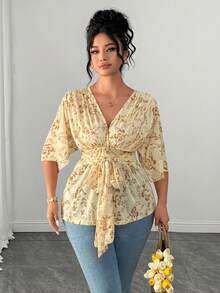 Elenzga Plus Size Women's Ditsy Floral Mesh V-Neck Tie Waist A-Line T-Shirt,Yellow Summer Boho Vacation Holiday Casual Short Sleeve Fashionable Versatile Top - Multicolor - View 5