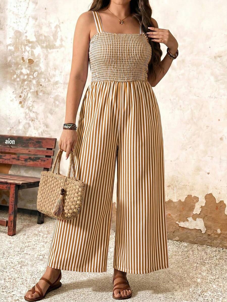 EMERY ROSE Women's Striped Square Neck Vacation Casual Jumpsuit - Coffee Brown - View 1