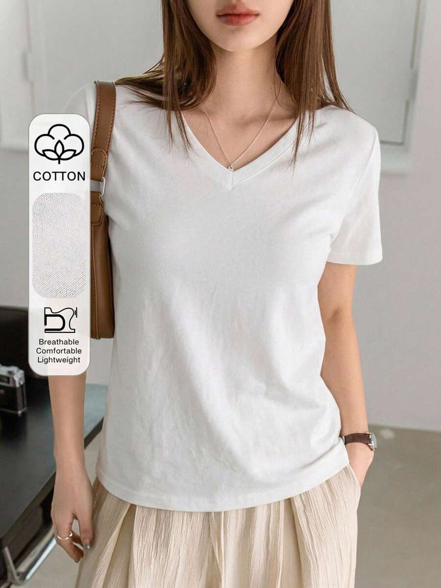 Dazy-Less Summer Casual Versatile Solid Color Short Sleeve T-Shirt - White - View 1
