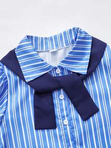 SHEIN 3-Piece Tween Girls Loose Casual Chic Design Print Striped Collared Ruffle Short Sleeve Shirt & Colorblock Shawl Vest Top & Colorblock Pleated Ruffled Umbrella Skirt Set, Suitable For Daily Commute, Casual, Vacation, School, Street Style, Shopping And More - Royal Blue - View 3