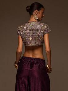 MUSERA Brown Woven Embellished Keyhole Cut Out Crop Top - Khaki - View 4