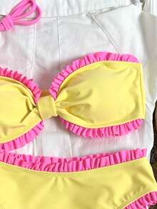 Swim Mod Teen Girl Polka Dot Print Ruched Bandeau Bikini Top With High Waist Ruffle Triangle Bottoms Women's Swimsuit Set - Yellow - View 4