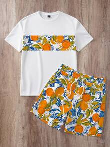 Manfinity Joysei Men's Fruit Print Short Sleeve T-Shirt And Shorts Casual Set - Orange - View 1