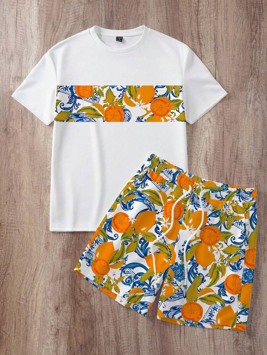 Manfinity Joysei Men's Fruit Print Short Sleeve T-Shirt And Shorts Casual Set - Orange - View 1