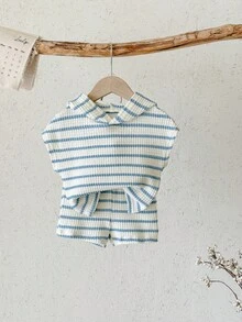 SHEIN 中性嬰兒男/女嬰 2件組 春夏休閒可愛條紋連帽短袖T恤套裝，嬰兒套裝，嬰兒夏季衣著 - 藍白色 - 查看 6