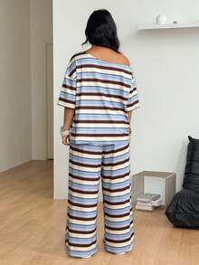 Coolane Women's Plus Size Summer Streetwear Casual Basic Daily Wear Going Out Office Comfy Blue And Brown Stripes Off Shoulder T-Shirt Wide Leg Outfits - Blue and White - View 6