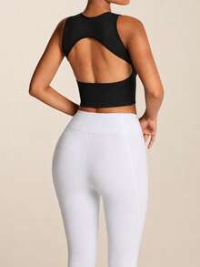 SHEIN BAE Solid Cut Out Back Sports Tank Top Fitted Shirt - Black - View 5