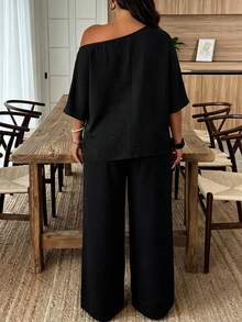 Weeklong Plus Size Women 3D Floral Decor Asymmetric Neck Top And Casual Pants Vacation Set, Spring/Summer Fall - Black - View 2
