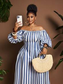 Maweii Robe élégante grande taille à épaules dénudées, blocs de couleurs rayé, manches lanternes et taille cintrée - Multicolore - Voir 2