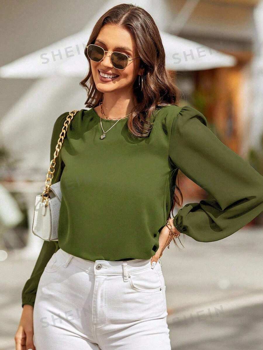 SHEIN LUNE Women's Solid Color Round Neck Lantern Sleeve Fashionable Elegant Blouse - Olive Green - View 1
