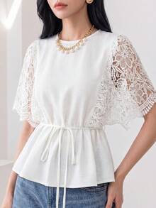 Heiryn Women's Solid Color Round Neck Pleated Casual Versatile Daily Outing Shirt - White - View 7