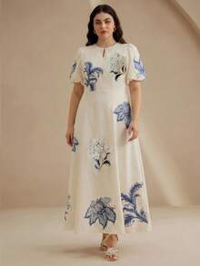 Anewsta 大码女士优雅印花泡泡袖A字长裙，3D立体花朵装饰，休闲日常穿着，适合日常、度假、海滩等场合 - 杏色 - 查看 5