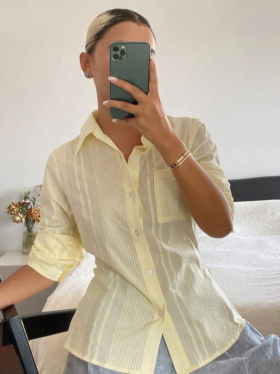 DAZY 女款純色收腰長袖休閒老錢風優雅夏季襯衫,適合校園穿搭 - 白色 - 查看 1
